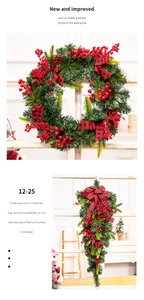 Christmas wreath and teardrop swag set with pine cones, red berries and plaid bows