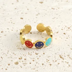 Stainless Steel Smiley Face Ring 18K Gold Plated Colorful Enamel Adjustable Open Band Fashion Jewelry For Women