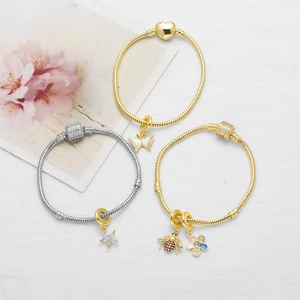 18k gold plated snake chain bracelets with bee, butterfly and floral charms set