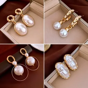 French Retro Artificial Pearl Earrings With 925 Sterling Silver Earring Post Gold Plated Alloy Geometric Elegant Jewelry For Women