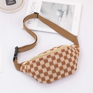 Close-up of checkered knit waist bag with adjustable strap and premium tactile texture