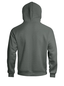 Detail view of the drawstring hood and ribbed cuffs on a dark grey streetwear hoodie