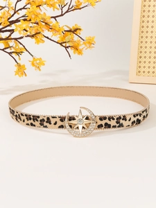 Leopard print belt with crescent star rhinestone buckle for women in vintage style