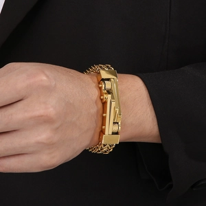 Men's gold titanium steel biker chain bracelet with mechanical clasp on wrist