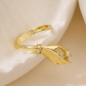 Minimalist 18K gold plated copper palm shaped open ring with sparkling round zircon stone