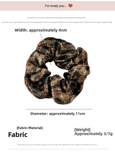 Detail view of a leopard print silk scrunchie with 11cm diameter and 4cm width dimensions