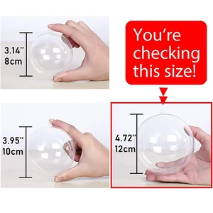 Detailed size comparison of 8cm, 10cm, and 12cm transparent plastic hollow ornaments