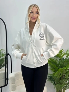 White stylish drawstring hooded zip-up sweatshirt with front black circular logo print