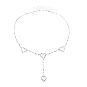 Silver rhinestone body chain with hollow heart pendants for bikini and waist jewelry