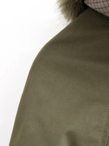 Detail of olive green twill fabric with brown faux fur collar and checkered lining
