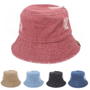 Chapeau Bob En Jean Lavé Distressed Vintage Streetwear Mode Trous Déchirés Étiquette En Cuir Large Bord Protection Solaire Femmes Hommes