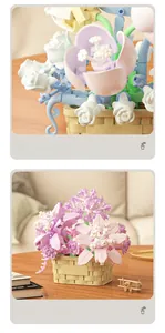 Close-up of pastel macaron building block flowers and woven-textured basket detail