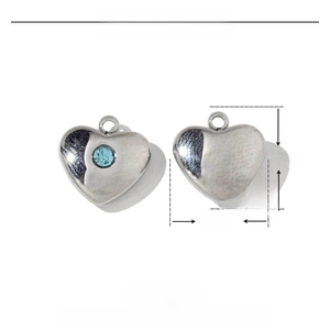 Macro detail of 10mm stainless steel heart pendant with blue rhinestone and measurements