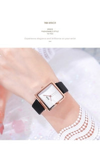 Elegant vintage square quartz watch with a rose gold case and black leather strap on wrist