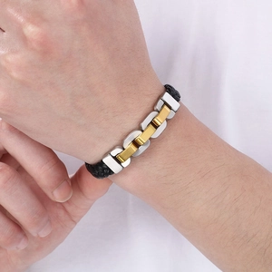 Men's vintage braided leather bracelet with brushed stainless steel chain buckle
