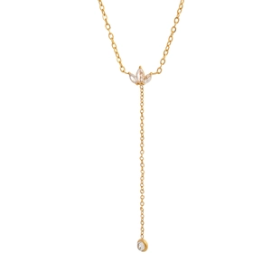 Élégant collier en Y en acier inoxydable doré 18K avec zircons en forme de pétales de fleur