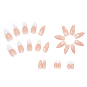 White floral press-on nails in long almond shape with classic French tip design