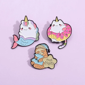 Cute cartoon mermaid cat and sloth enamel pin set in pastel colors for backpacks