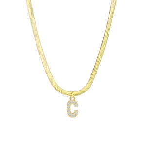 Detail of 18K gold plated snake chain with sparkling zircon letter C pendant