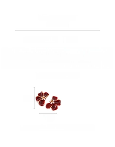 Detail view of 18K gold plated flower earrings in deep red enamel with measurement labels
