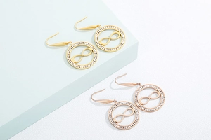 Detail of round infinity earrings with micro-pave crystals in gold and rose gold