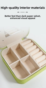 Detail of green leather jewelry box with built-in mirror and velvet ring storage slots