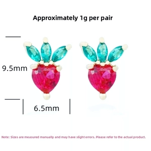 Detailed view of red heart strawberry earrings with dimensions 9.5mm by 6.5mm
