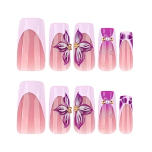 Pink and purple long square press-on nails set with 3D floral designs and French tips