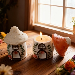 Warm sunset scene of a lit mushroom house candle holder set on a wooden table
