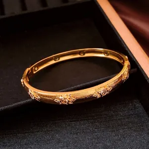 24K gold plated vintage bangle with star pattern and crystals on brushed metal finish