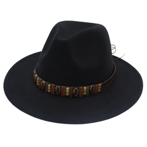 Detail of black wool fedora featuring a brown leather band with metal shells and beads