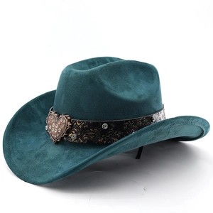 Teal faux suede western cowboy hat with heart buckle embossed leather band
