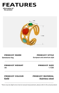 Detailed view of 18K gold plated stainless steel ring with colorful resin gemstones