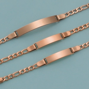 Polished rose gold Figaro chain kid bracelets with engravable ID plate in a set of three