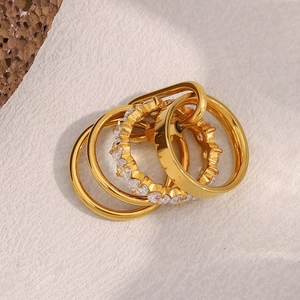 Chic 18K gold plated stainless steel multi-layer ring set with sparkling zircon stones