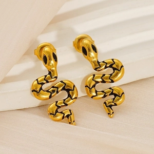 Boucles D'Oreilles Serpent Plaqué Or 18K Acier Inoxydable Bijoux Avec Motif Émail Noir Pour Femmes Mode