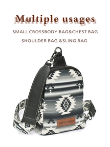 Detail of bohemian geometric canvas bag showing multiple usages as a crossbody and chest pack