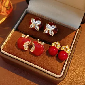 Ankora Red Apple Flower Round Bead Stud Earrings With Silver Earring Post Copper Enamel Zircon Inlaid Vintage Jewelry