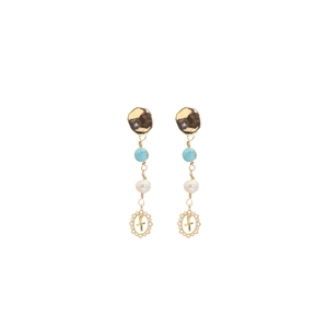 Boucles d'oreilles dorées 18 carats avec perles d'eau douce, billes bleues et croix