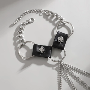 Punk style multi-layer metal chain bracelet with black leather and silver rivet studs