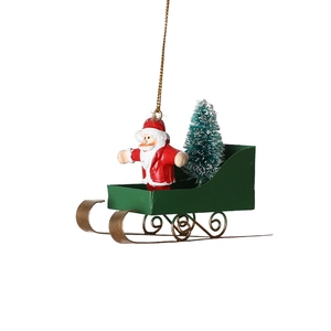 Nordic iron sleigh Christmas ornament with Santa Claus and snow-covered pine tree