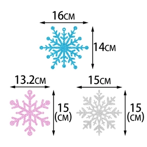 Glitter snowflake ornaments in blue, pink, and silver with detailed dimension measurements