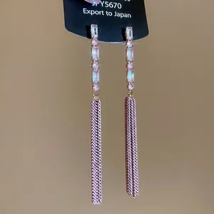 Silver needle long tassel earrings with pink stones and purple woven chain fringe