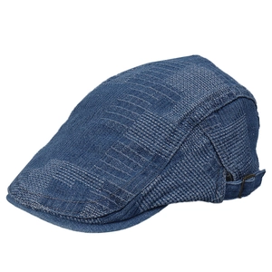 Distressed dark blue checkered denim ivy cap with metallic adjustable side buckle