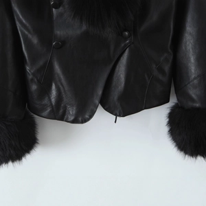 Women's black PU leather jacket with faux fur trim on collar and cuffs for winter