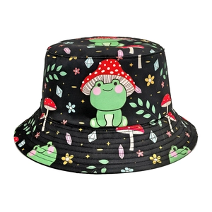 Bucket Hat Polyester Cartoon Frog Mushroom Print Foldable Outdoor Sun Protection Sunshade Cap For Women Men