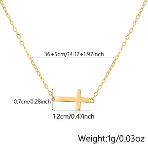 Detailed view showing dimensions of a gold cross pendant and necklace chain length