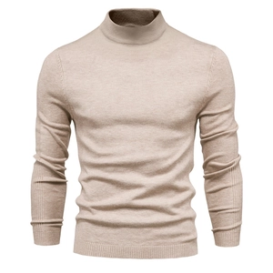 Slim fit beige turtleneck knitted sweater for men with long sleeves and ribbed cuffs