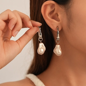 French style baroque pearl drop earrings with irregular silver geometric metal accents