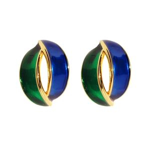 Retro geometric blue and green enamel earrings with gold twisted lines on white background